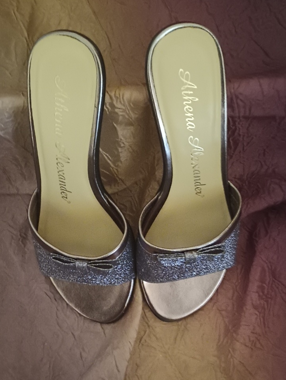 Athena Alexander Metallic Bronze Glitter Slide Mules with 3.0 heel.